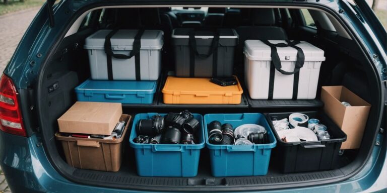 Organized car trunk with bins, hooks, and compartments for efficient storage solutions.