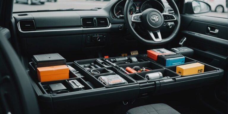 Organized car interior with storage solutions and essential tools for maintaining cleanliness and order.