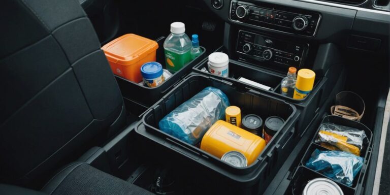 Clean car interior with organized compartments and a trash bin in the corner.