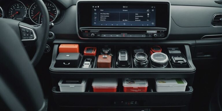 A car interior with various organizers holding items like water bottles, maps, and gadgets, demonstrating effective organization.