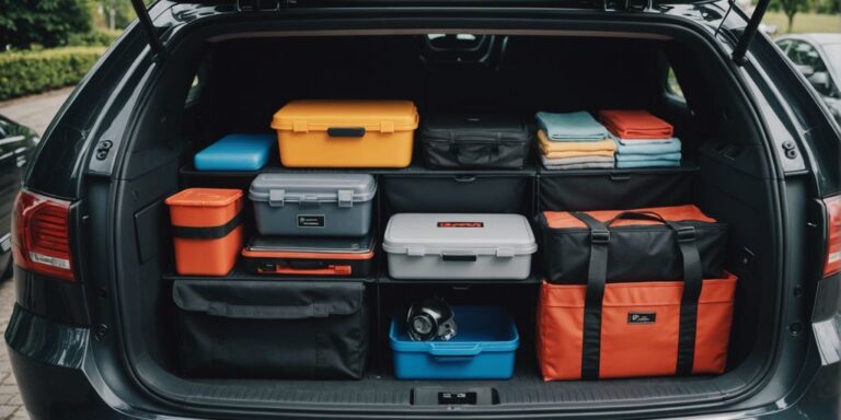 Neatly organized car interior with seat organizers, trunk storage bins, and hanging hooks for easy car organization.