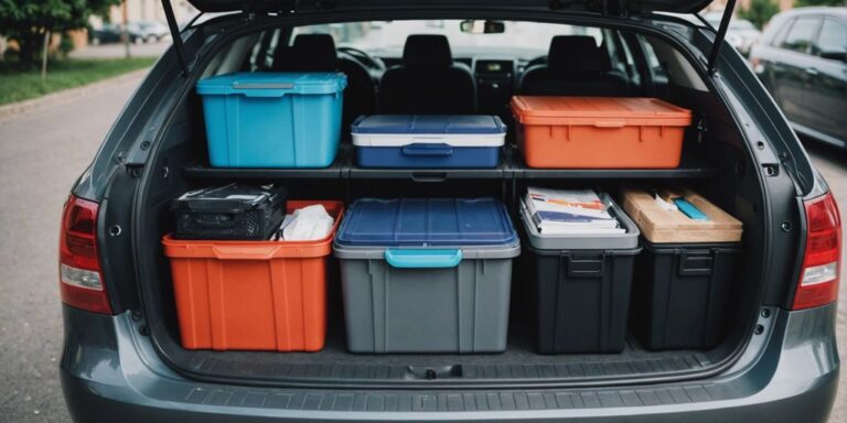 Organized car trunk with bins, hanging organizers, and compartments for maximizing storage space.