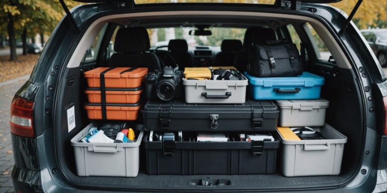 Organized car trunk with storage accessories like bins, organizers, and hooks for a clean and tidy ride.