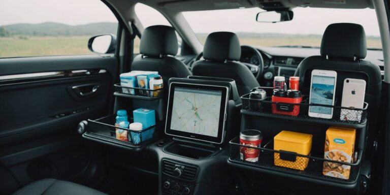 A car interior with various organizers holding maps, snacks, and gadgets, perfect for road trips and daily commutes.