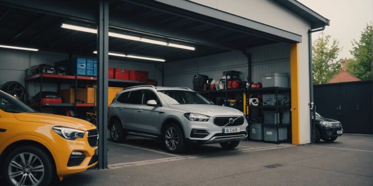 Compact garage with modular storage units, small car, and SUV parked neatly with ample space.