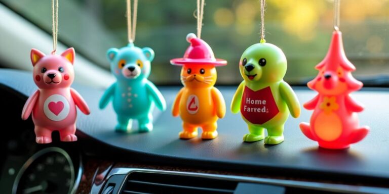 Five colorful car air fresheners in a vehicle interior.