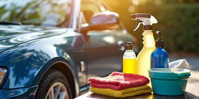 Clean car with car cleaning supplies around it.