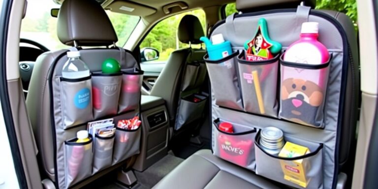 Organized car seat with storage compartments and essentials.