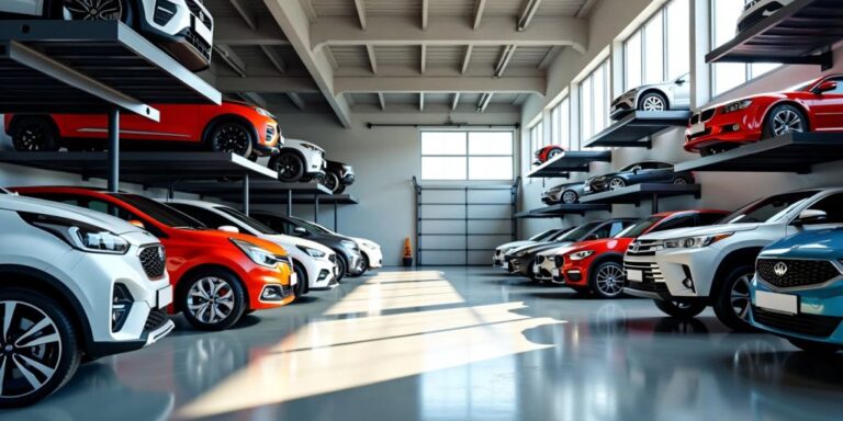 Modern garage with compact cars and SUVs organized.