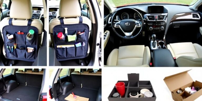 Organized car interior with storage tools and tidy spaces.