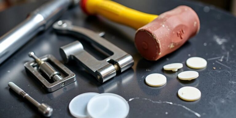 Close-up of DIY car dent repair tools on a workbench.