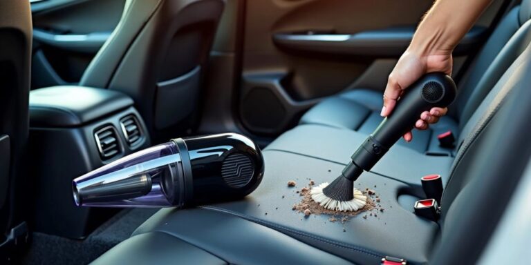 Portable car vacuum cleaning a car interior.